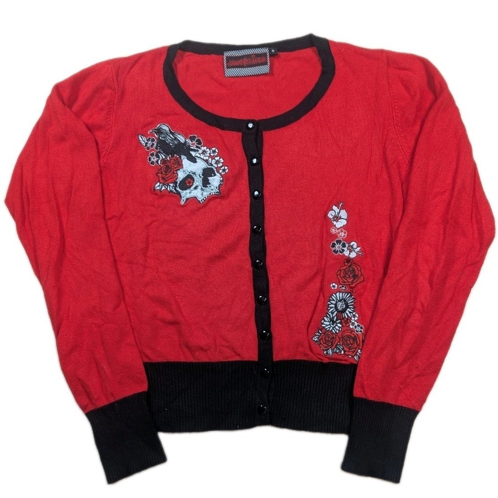 JAWBREAKER Red Black Skulls/Flower Sweater Cardigan Punk Rock Emo Chic Sz Small